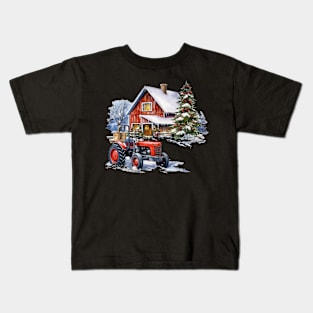 Farm House with Tractor in Christmas Kids T-Shirt